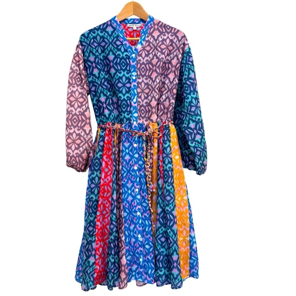 Yakira Bella Sari Patchwork Button Front Midi Dress Modest Colorful Boho S NEW - Picture 2 of 15